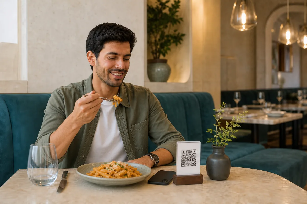 QR siparişinin ardından mutlu restoran müşterisi