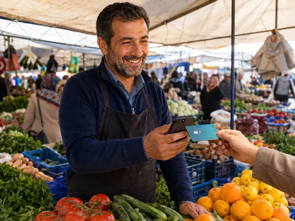 Pazarda telefonuyla temassız ödeme alan esnaf