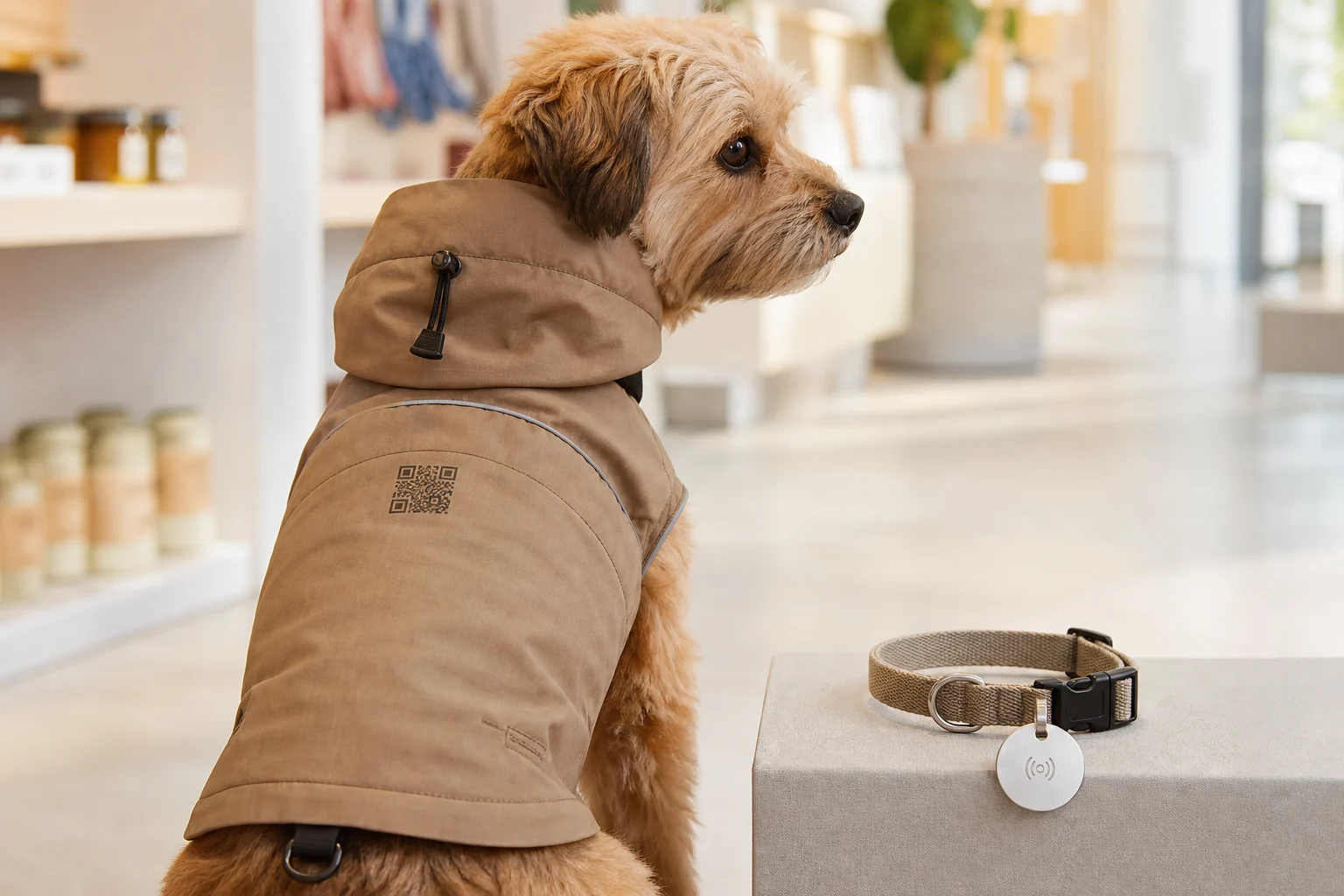 Köpek kıyafetinde QR transfer baskı ve NFC tasma ucu